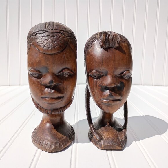 Tribal Face Sculptures Bookends Ironwood Statues Native African Hand Carved MCM - Picture 2 of 11